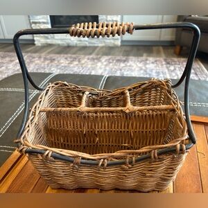 Vintage Woven Rattan Caddy Organizer Basket with Black Metal Handle